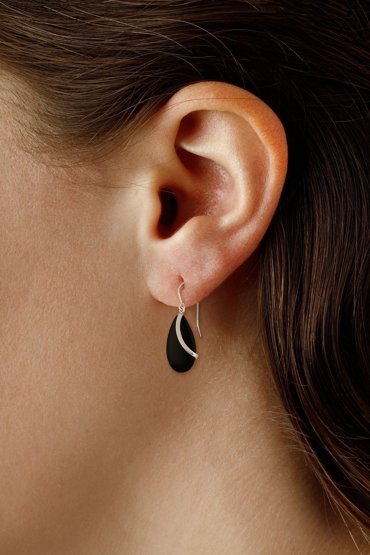 Ben Garelick Sterling Silver Black Onyx Almond Drop Swirl Dangle Earrings on Ear