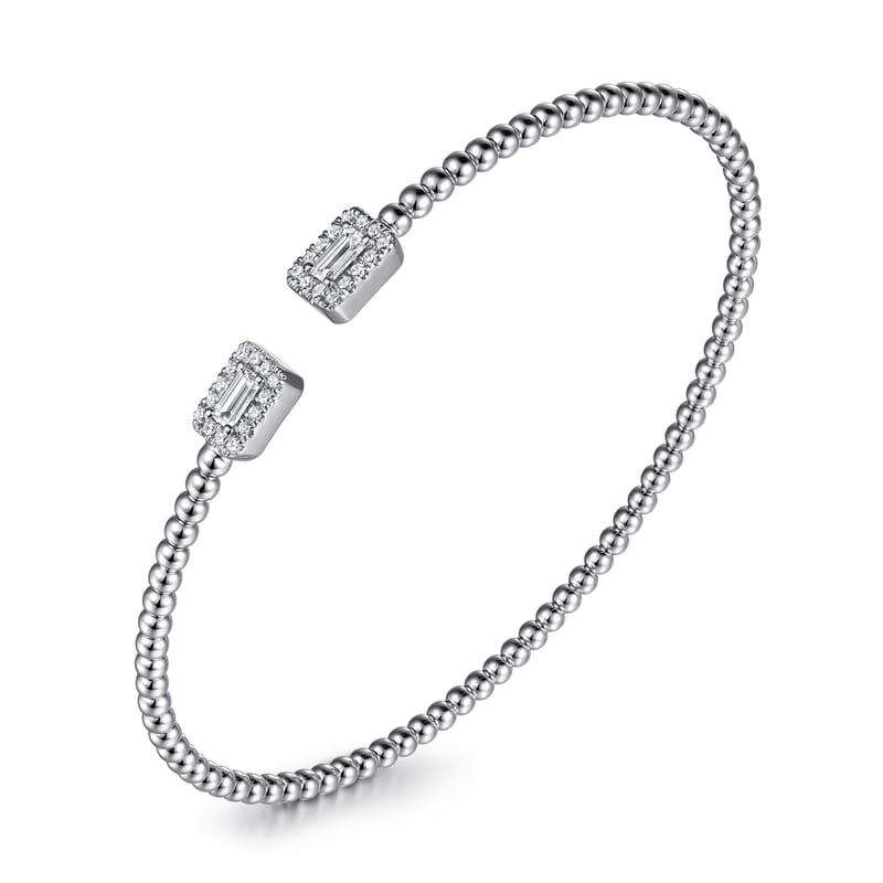 Gabriel & Co. White Gold Bujukan Open Cuff Bracelet with Halo Diamond Baguettes 