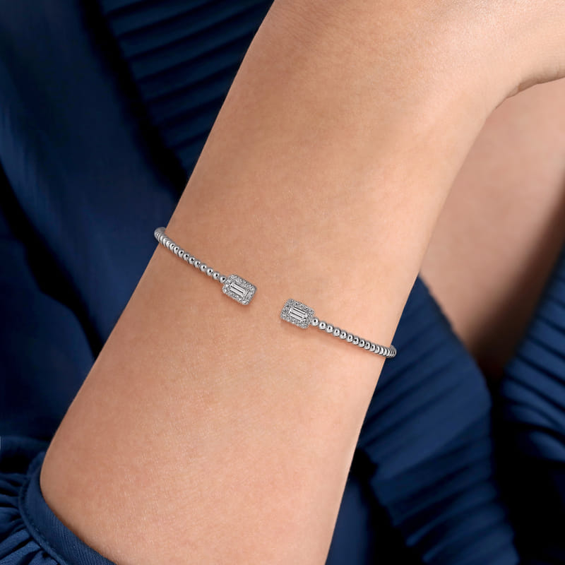 Gabriel & Co. White Gold Bujukan Open Cuff Bracelet with Halo Diamond Baguettes on Wrist