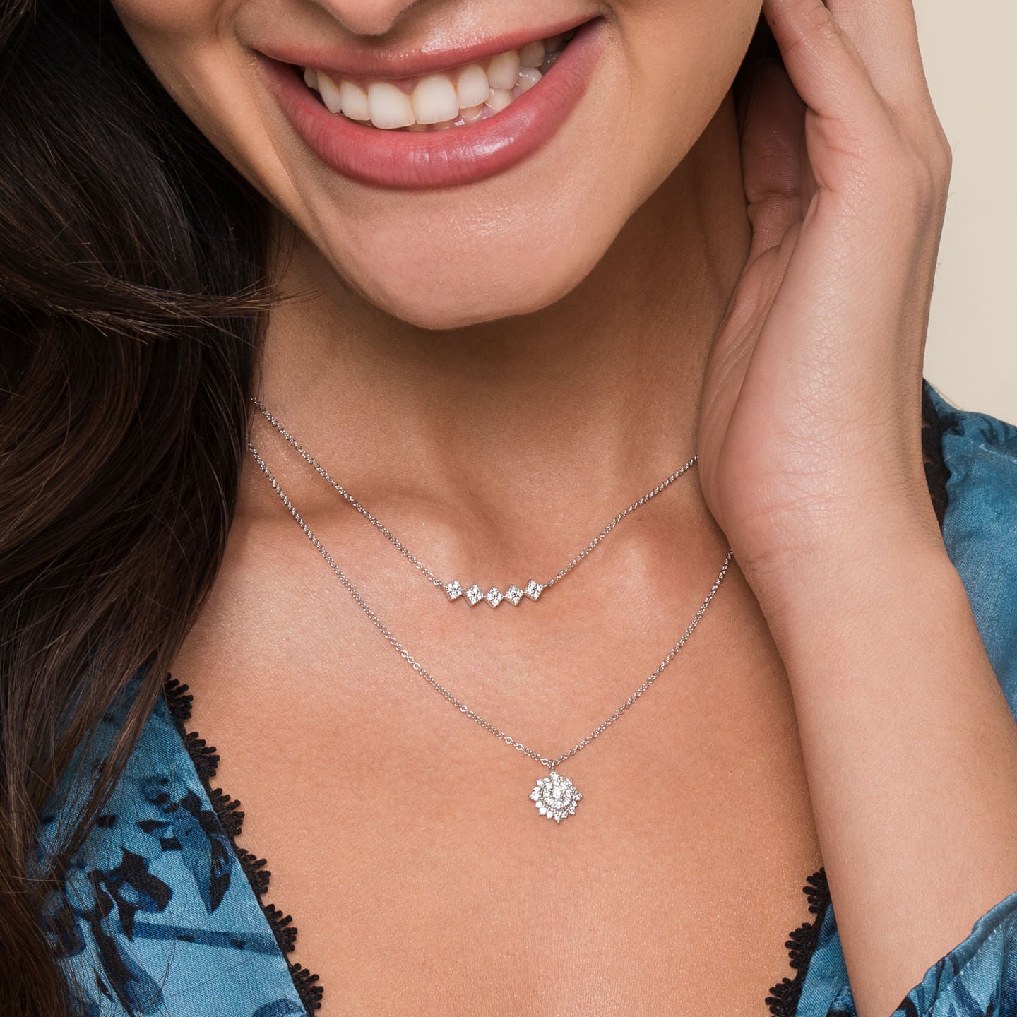 Gabriel & Co. Sunburst Diamond Cluster Pendant Necklace on Model