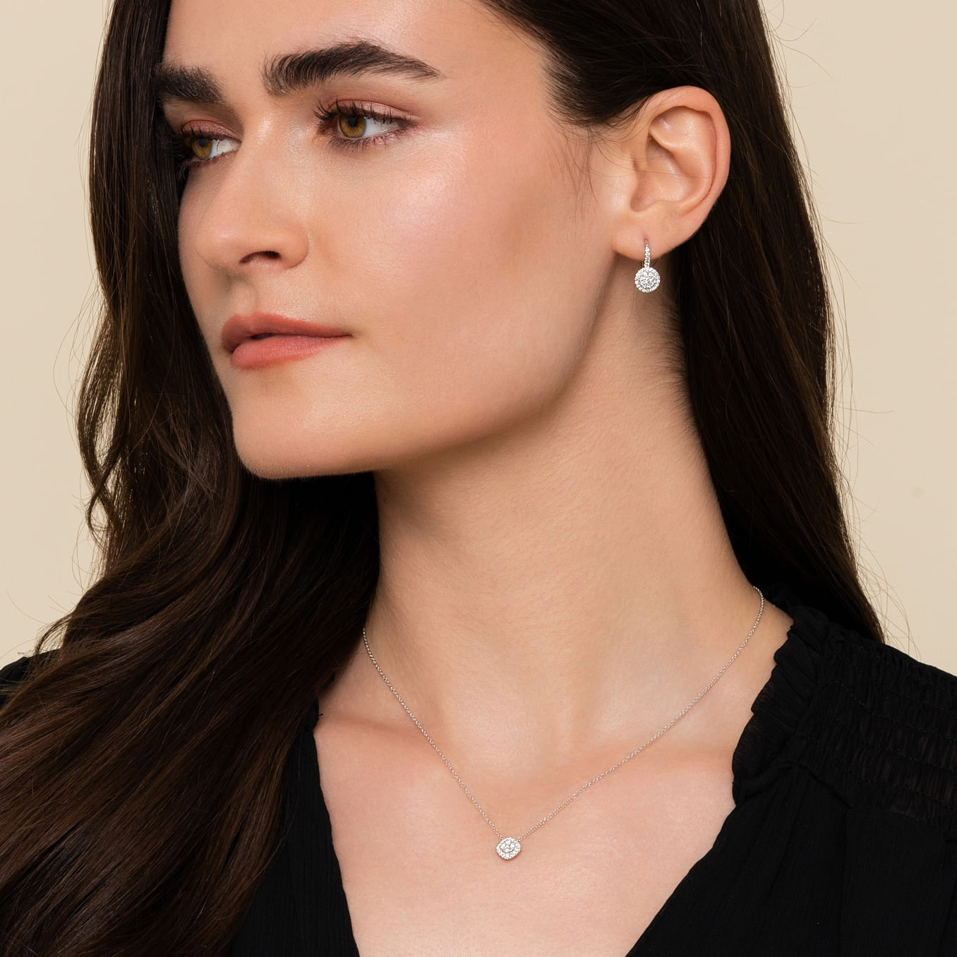 Gabriel & Co. Diamond Cushion Pave Cluster Pendant on Model
