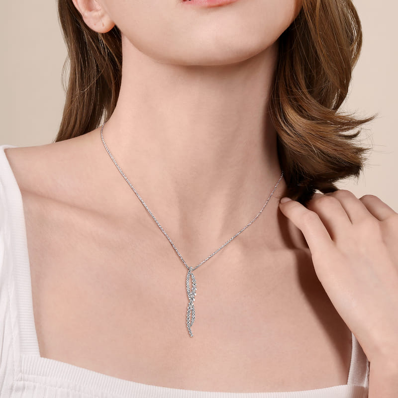 Gabriel & Co. 14K White Gold Round Cut Diamond Pave Twist Pendant on Model