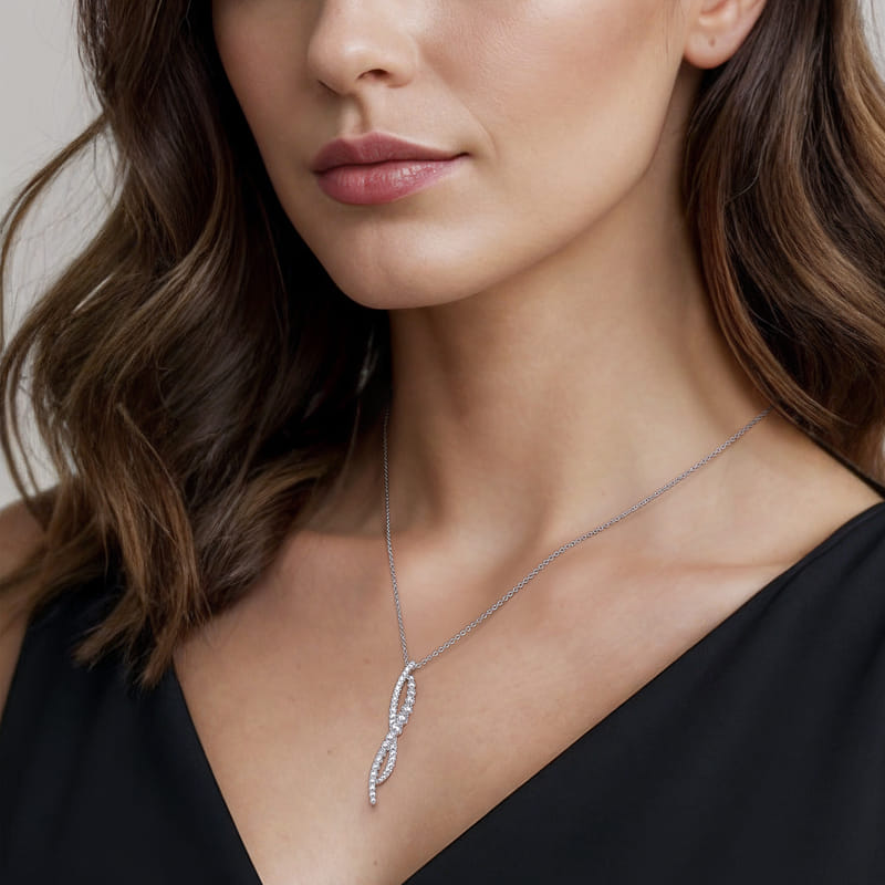 Gabriel & Co. 14K White Gold Round Cut Diamond Pave Twist Pendant on Model