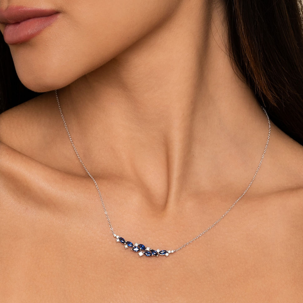 Gabriel &  Co. Blue Sapphire and Diamond Marquise Bar Necklace on Model