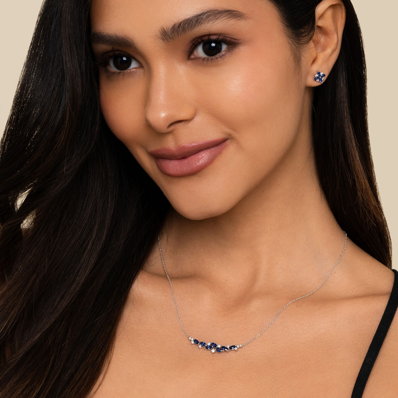 Gabriel &  Co. Blue Sapphire and Diamond Marquise Bar Necklace on Model
