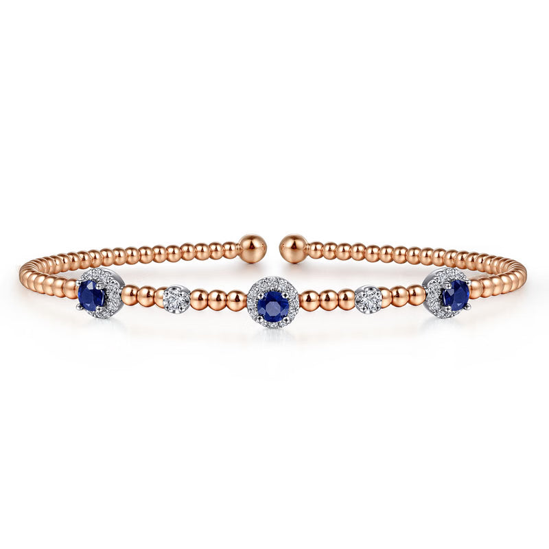 Gabriel & Co. BG4438 Bujukan bangle in 14K white and rose gold with a blue sapphire and diamond halo
