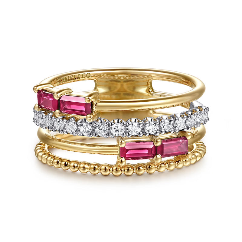Gabriel & Co. Two-Tone Wide Band Diamond and Ruby Top