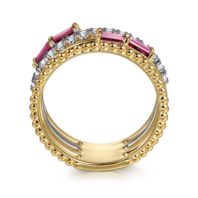 Gabriel & Co. Two-Tone Wide Band Diamond and Ruby Front