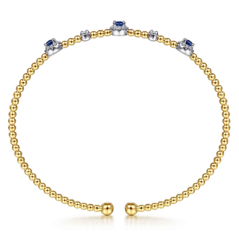 Gabriel & Co. Yellow Gold Bujukan Sapphire and Diamond Halo Bangle Front