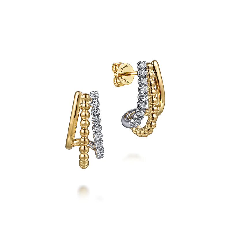 Gabriel & Co. Bujukan two-tone diamond J hoop huggie earrings EG15311M45JJ in 14K yellow and white gold, front view