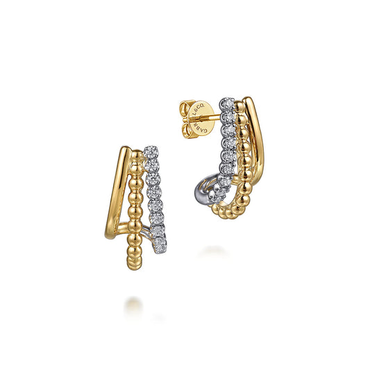 Gabriel & Co. Bujukan two-tone diamond J hoop huggie earrings EG15311M45JJ in 14K yellow and white gold, front view