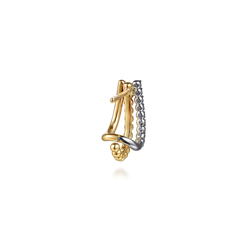 Side profile of Gabriel & Co. Bujukan diamond J hoop earring showing post, butterfly back and curved white gold diamond row