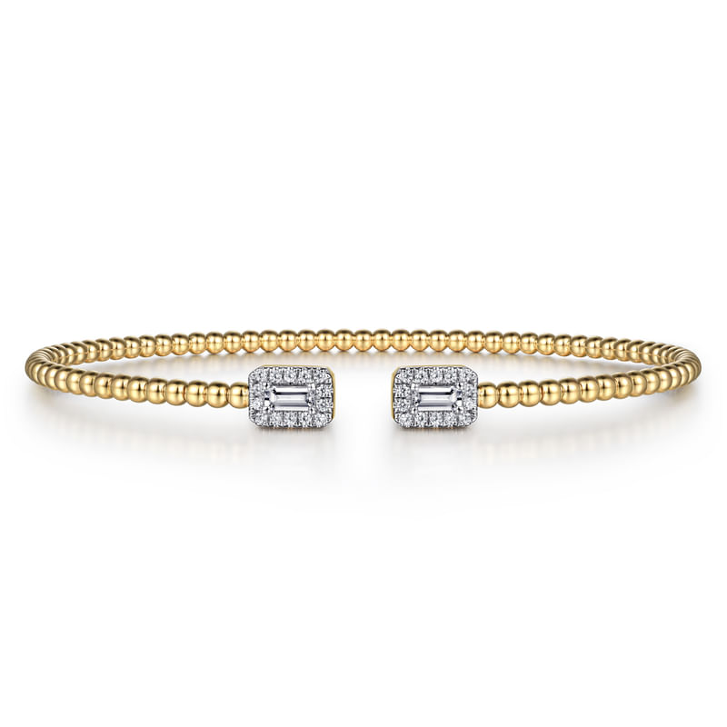 Gabriel & Co. Yellow & White Gold Bujukan Open Cuff Bracelet with Halo Diamond Baguettes