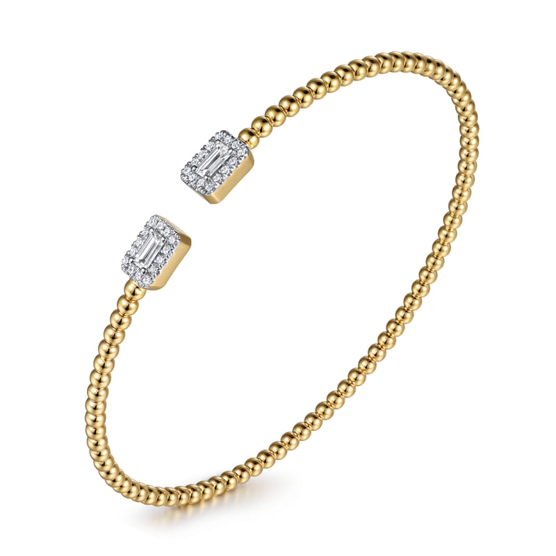 Gabriel & Co. Yellow & White Gold Bujukan Open Cuff Bracelet with Halo Diamond Baguettes 