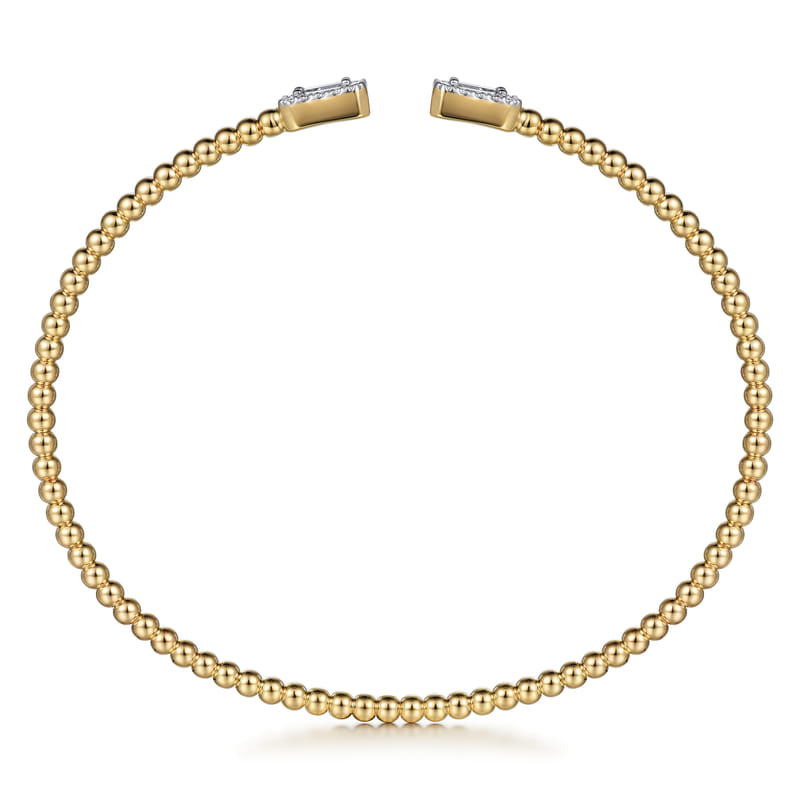 Gabriel & Co. Yellow & White Gold Bujukan Open Cuff Bracelet with Halo Diamond Baguettes