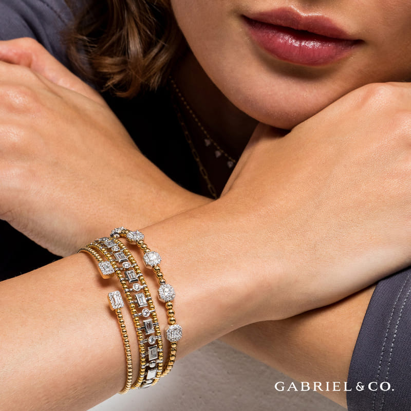 Gabriel & Co. Yellow & White Gold Bujukan Open Cuff Bracelet with Halo Diamond Baguettes on Wrist