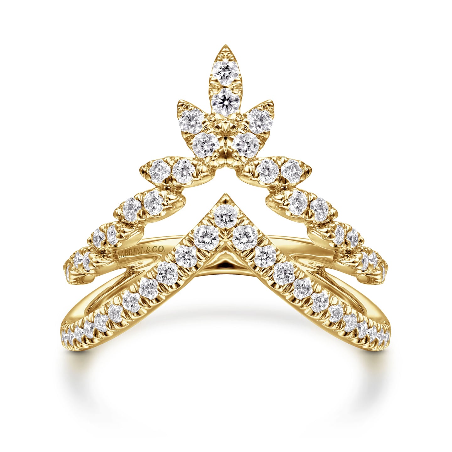 Gabriel & Co. Yellow Gold Two-Row Marquise Shaped Diamond Chevron Ring 