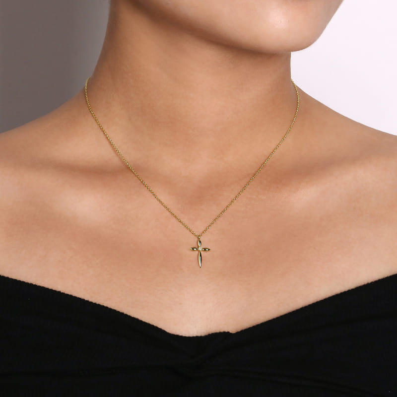 Gabriel & Co. Yellow Gold High Polish Diamond Cross Tapered Pendant on Model