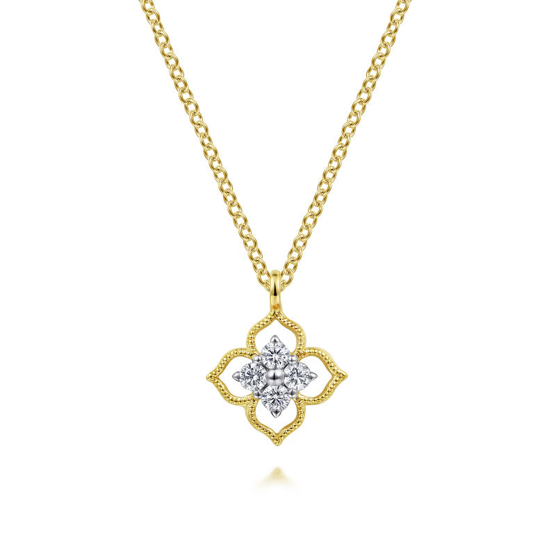 Gabriel & Co. NK6868 two-tone gold scalloped flower diamond pendant necklace on a gold cable chain