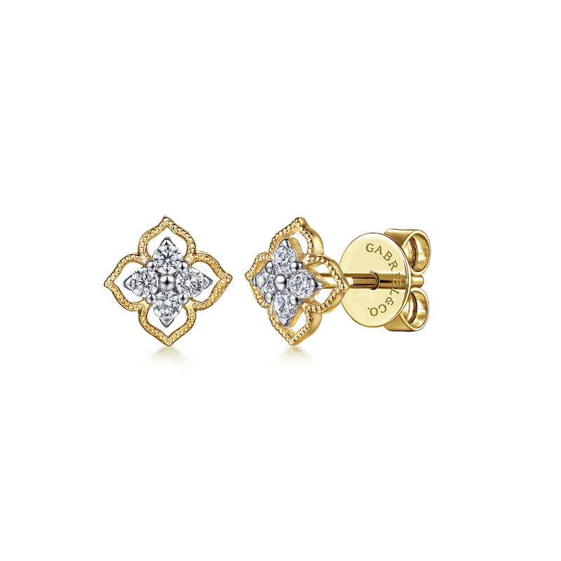 Gabriel & Co. EG14414 two-tone gold scalloped flower diamond stud earrings with white gold center diamond cluster