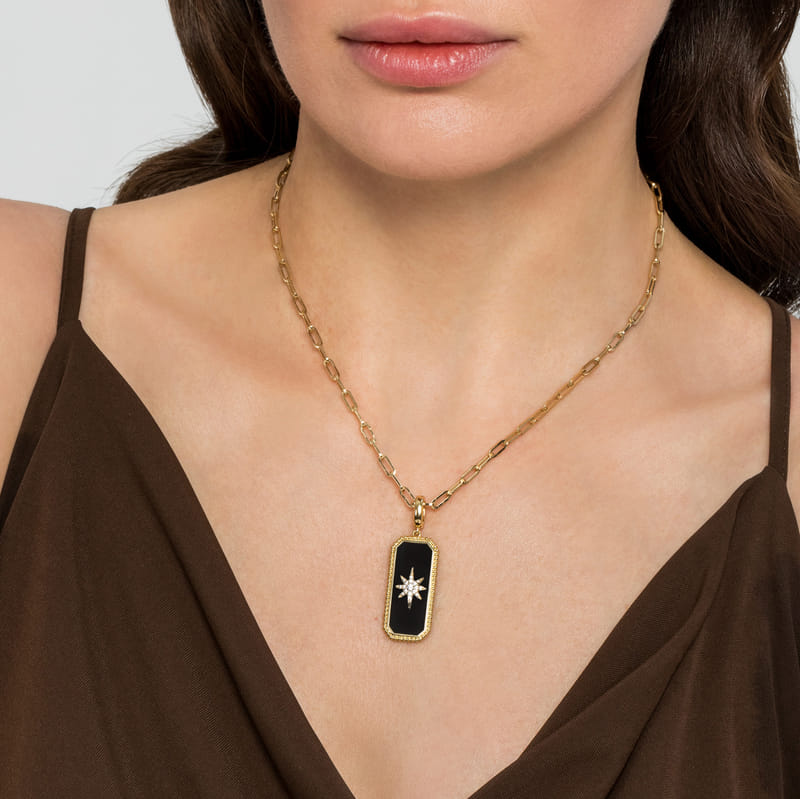 Gabriel & Co. Bujukan Onyx Starburst Diamond Medallion Pendant on Model