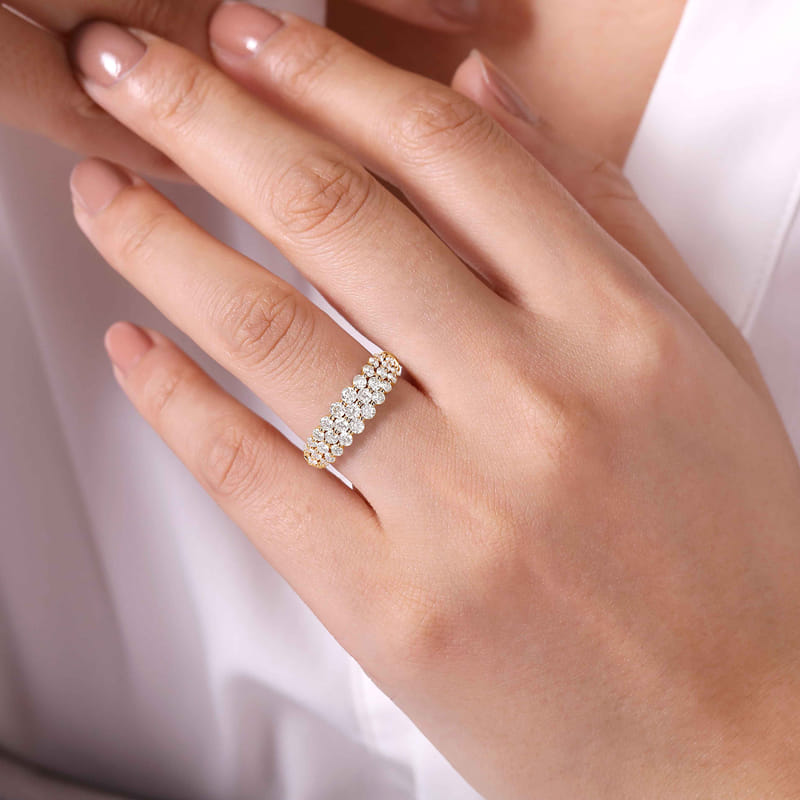Gabriel & Co. Yellow Gold Multi-Row Pave Diamond Fashion Ring on Hand