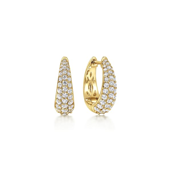 Gabriel & Co. Yellow Gold Diamond Pave Teardrop Oval Shaped Diamond Huggie Earrings