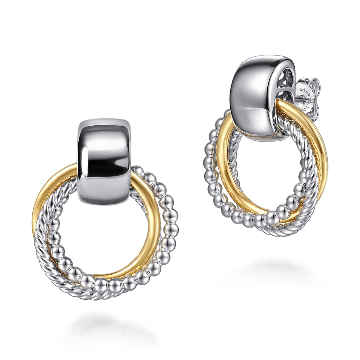 Gabriel & Co. EG15457MZJJJ two-tone Bujukan door knocker earrings with interlocking beaded silver, twisted rope and yellow gold circles