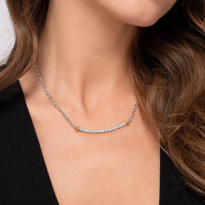 Gabriel & Co. Bujukan White Sapphire Bar Necklace in 14K Yellow Gold & Sterling Silver When Worn