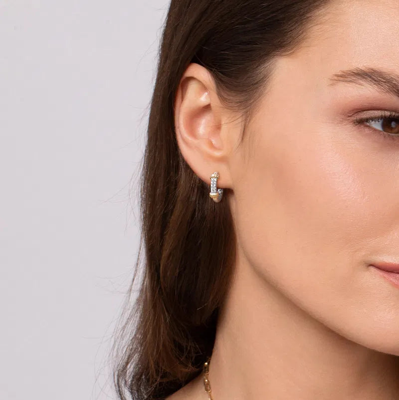 Gabriel & Co. Bujukan White Sapphire Huggie Earrings in 14K Yellow Gold & Sterling Silver When Worn