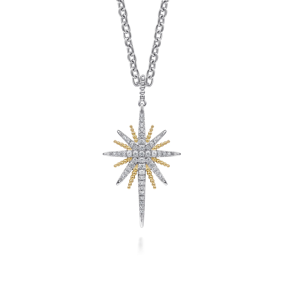 Gabriel & Co. NK8035-20MZJWS two-tone Bujukan white sapphire starburst pendant with beaded 14K yellow gold rays