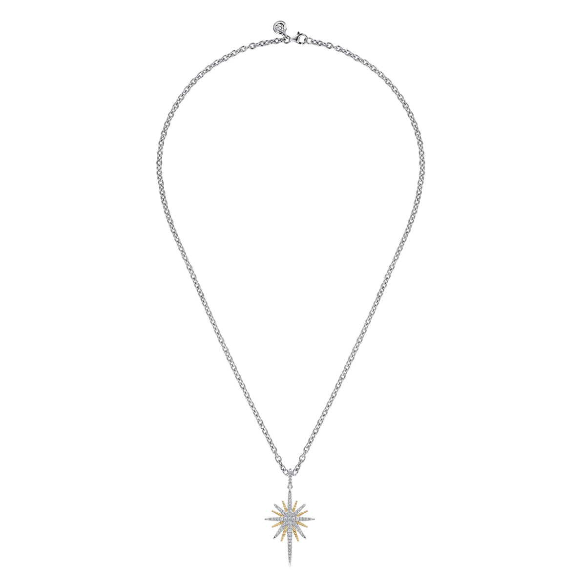 Gabriel & Co. Bujukan white sapphire starburst pendant necklace on a 20 inch sterling silver chain, full length view
