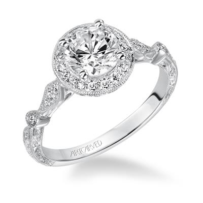 Angled view of Artcarved Crystal vintage halo diamond engagement ring in 14K white gold with hand-engraved band