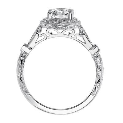 Side profile of Artcarved Crystal engagement ring showing open scrollwork gallery under the diamond halo