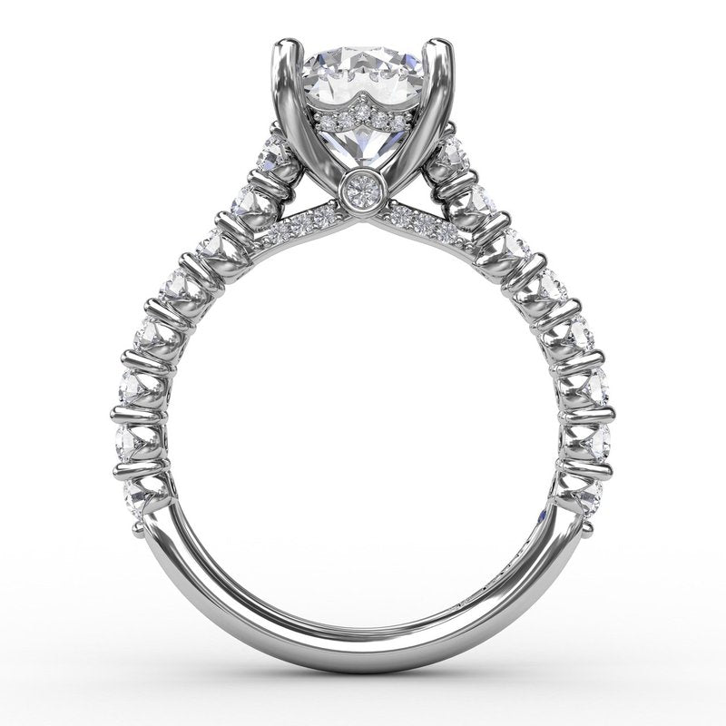 Fana 14K White Gold Contemporary Round Cut Side Prong Set Cathedral Diamond Engagement Ring Featuring 0.76 Carats of Round Cut Prong Set Diamonds.