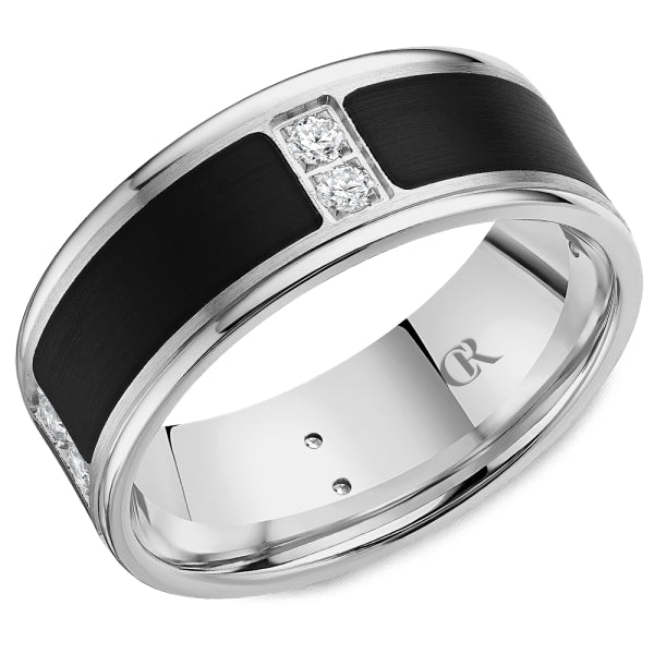 Crown Ring White 8MM Wide Diamond Wedding Band with a Black Enamel Sandpaper Finish Center and High Polished Finish Rounded Sides and Interior Featuring Eight Round Cut Prong Set Diamond