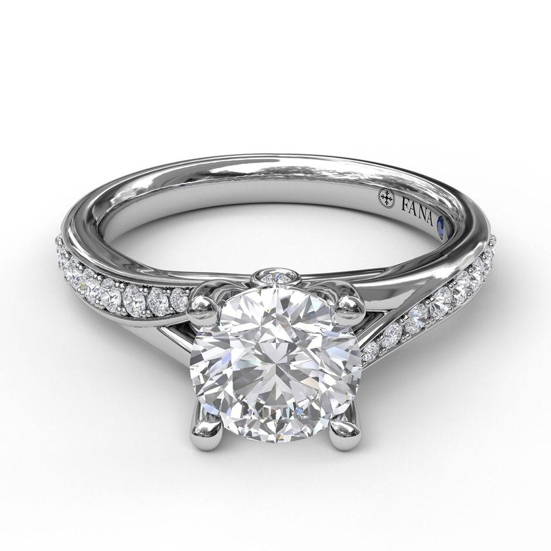 Fana 14K White gold Round Cut Prong Set Side Diamond Cathedral Diamond Engagement Ring Featuring 0.25 Carats Round Cut Diamonds.