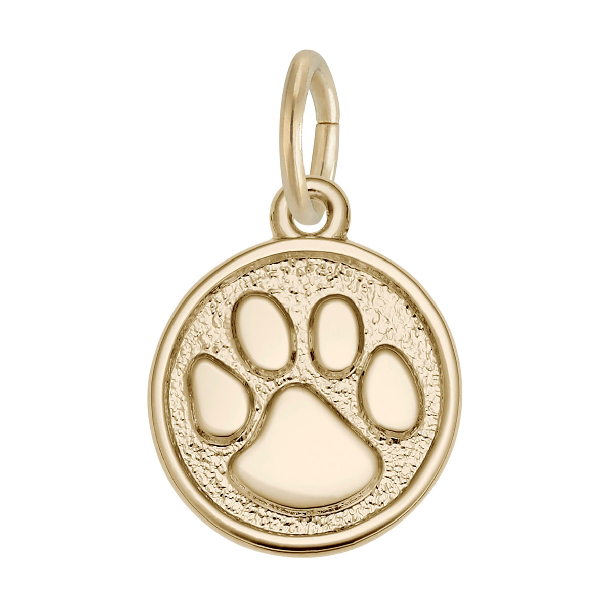 14K yellow gold small paw print charm with polished paw on textured round disc, front view