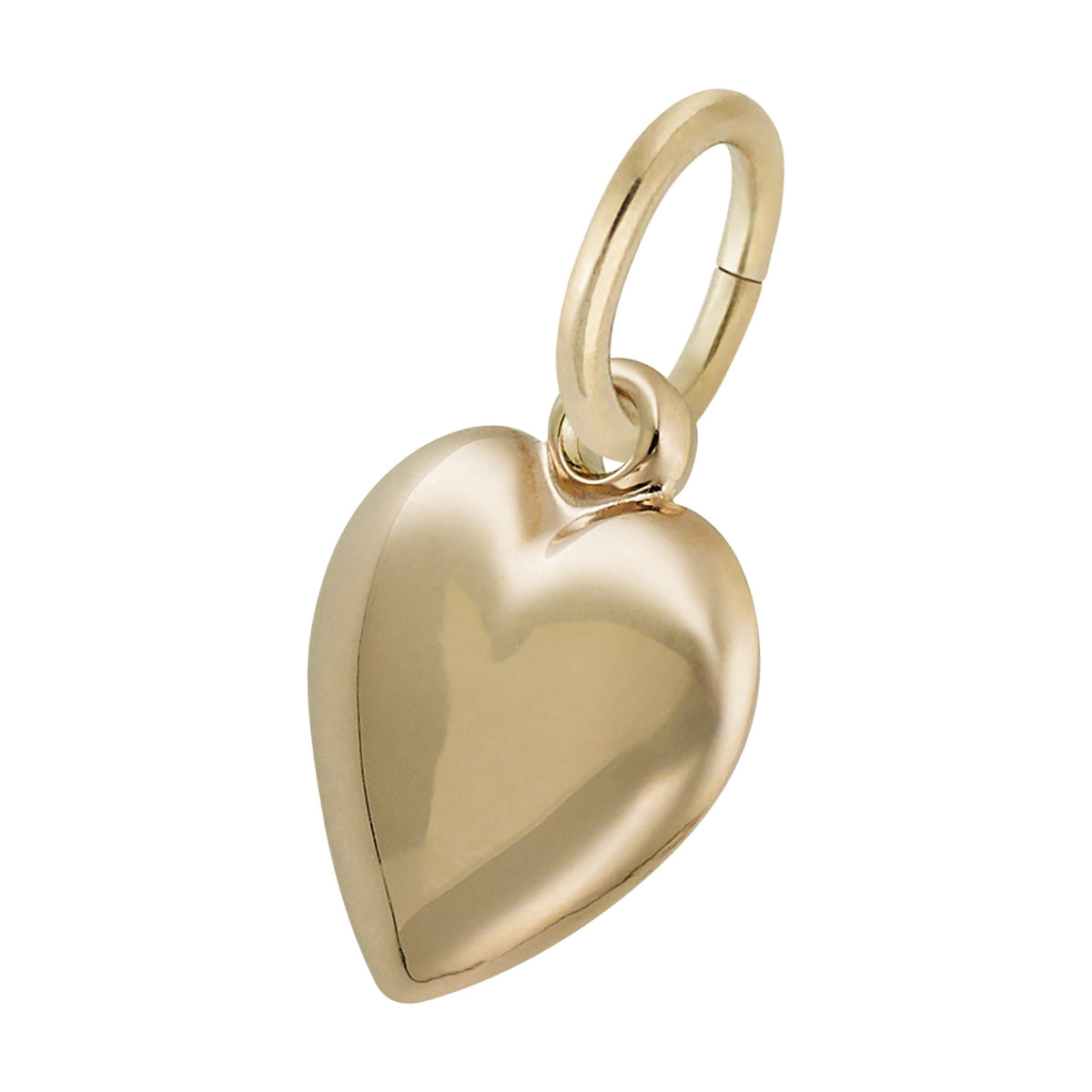 14K yellow gold puffy heart charm, angled view showing rounded dimensional shape