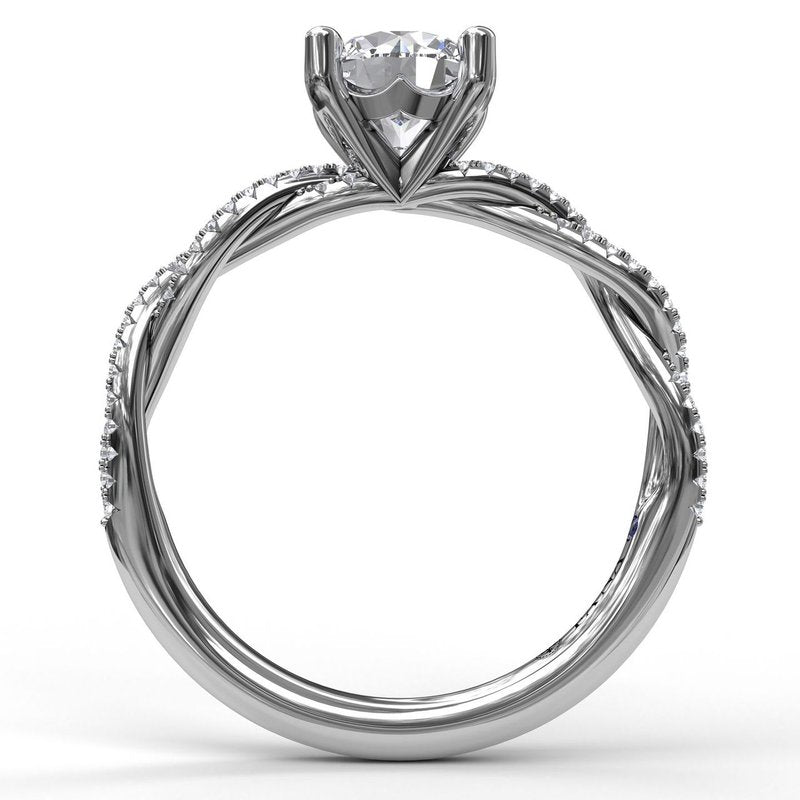 Fana 14K white gold pave double diamond twist engagement ring featuring 0.19 carats total weight of round cut diamonds set in both twisting bands.