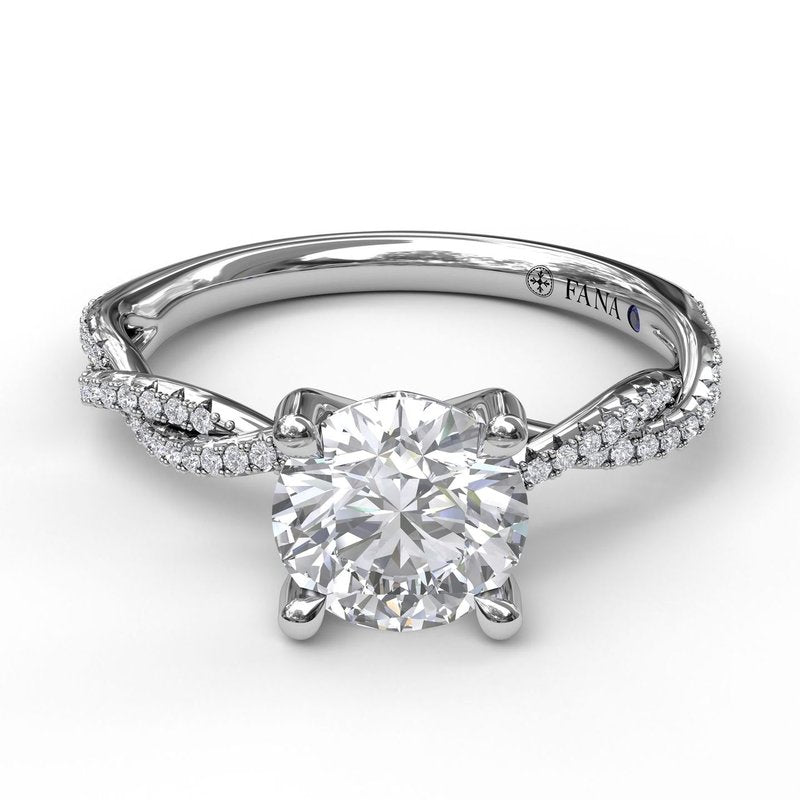 Fana 14K white gold pave double diamond twist engagement ring featuring 0.19 carats total weight of round cut diamonds set in both twisting bands.