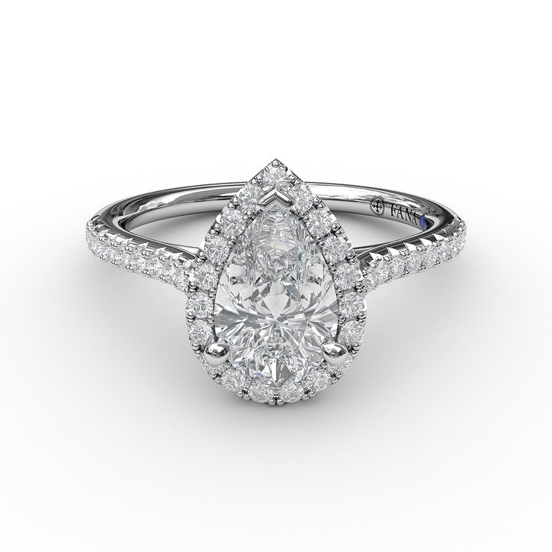 Fana 14K white gold pear halo classic prong set diamond engagement ring formed by round diamonds prong set in the pear cut halo and band. This ring features 0.34 carats total weight of round cut diamonds.