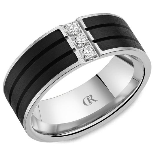 Crown Ring White 8MM Wide Diamond Sandpaper Finish Striped Black Enamel Wedding Band