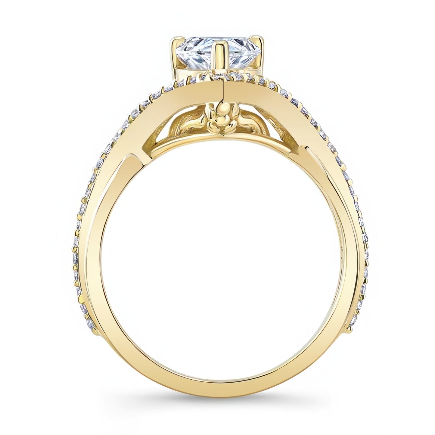 Barkev's Yellow Gold Split Shank Twist Pear Cut Diamond Engagement Ring on Finger