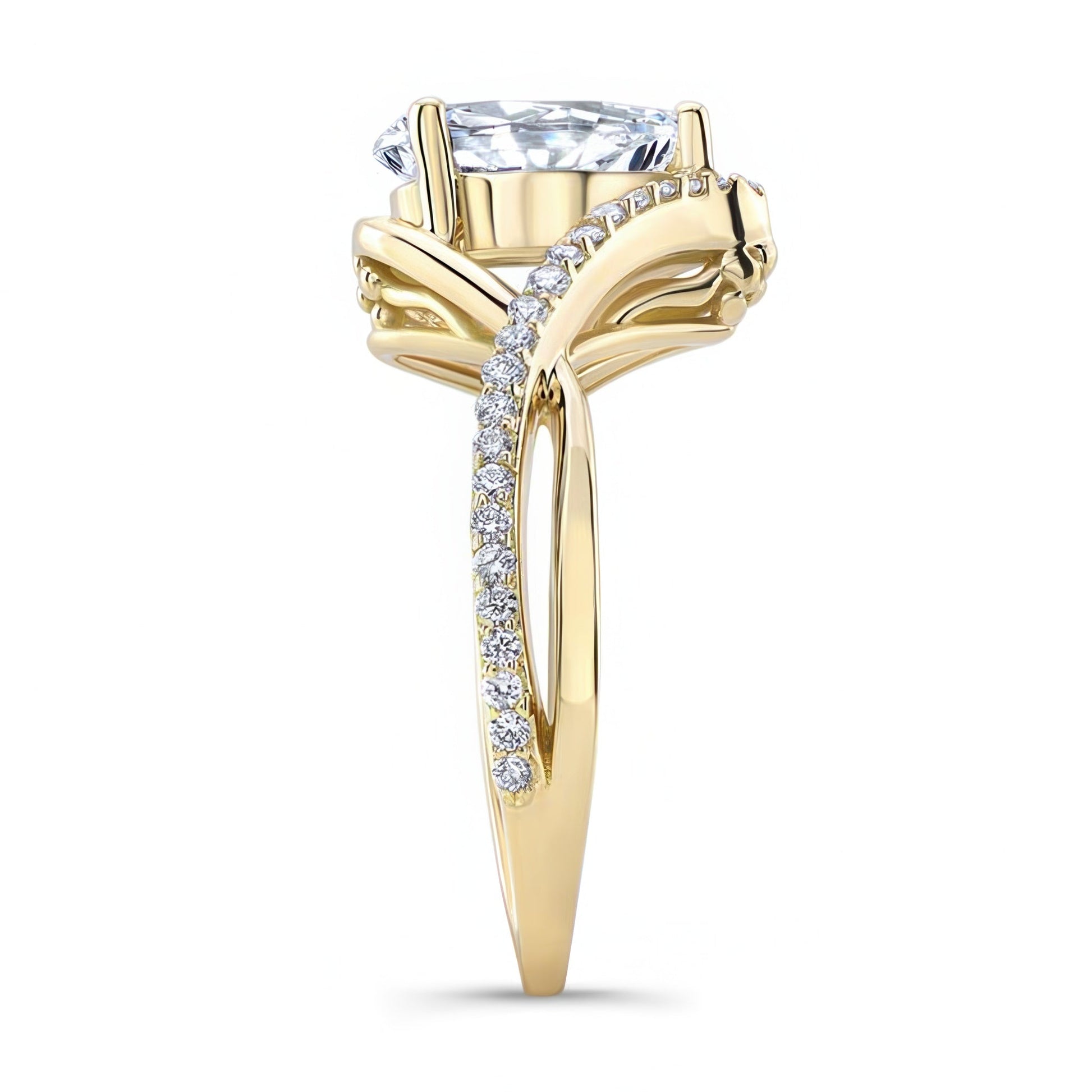 Barkev's Yellow Gold Split Shank Twist Pear Cut Diamond Engagement Ring on Finger