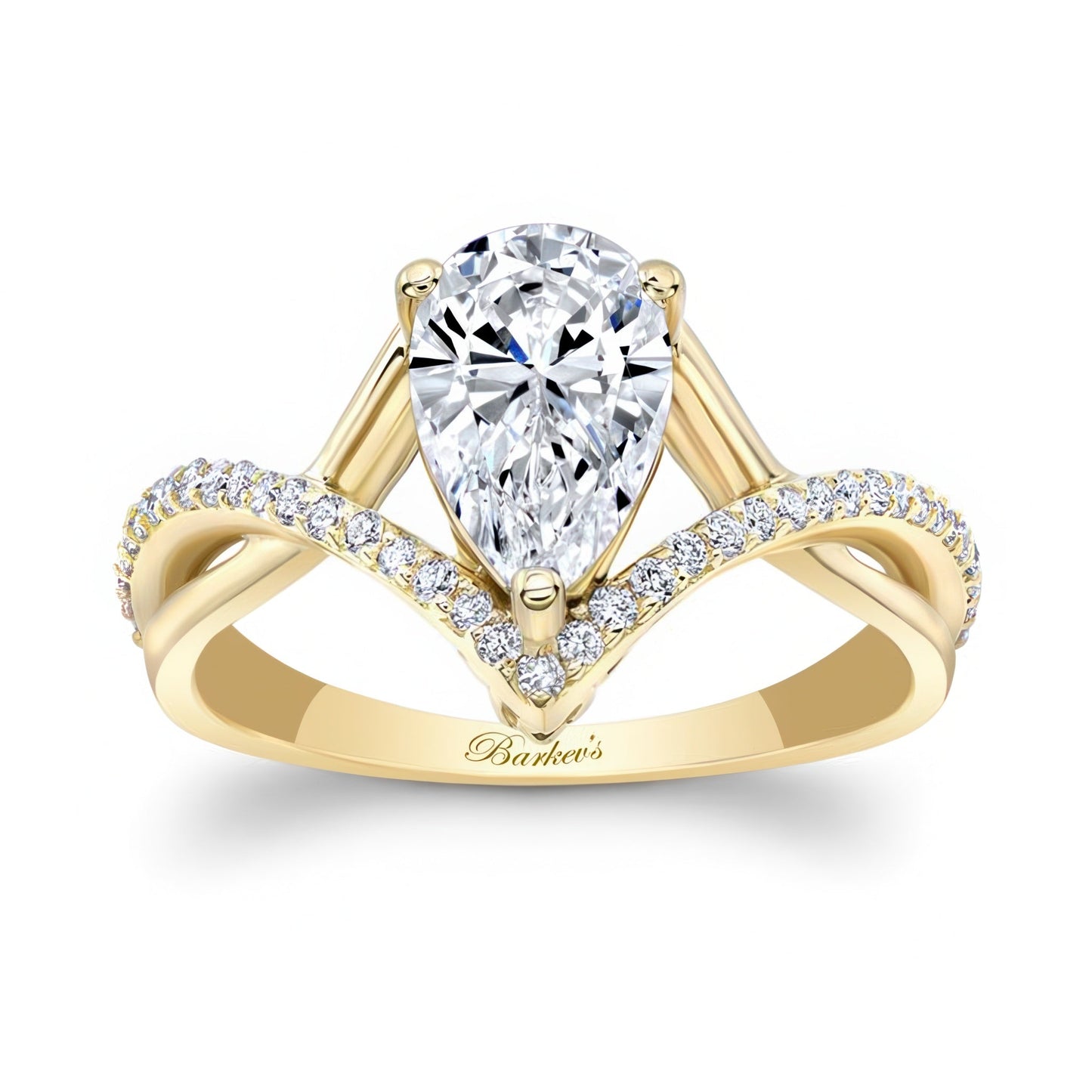 Barkev's Yellow Gold Split Shank Twist Pear Cut Diamond Engagement Ring on Finger