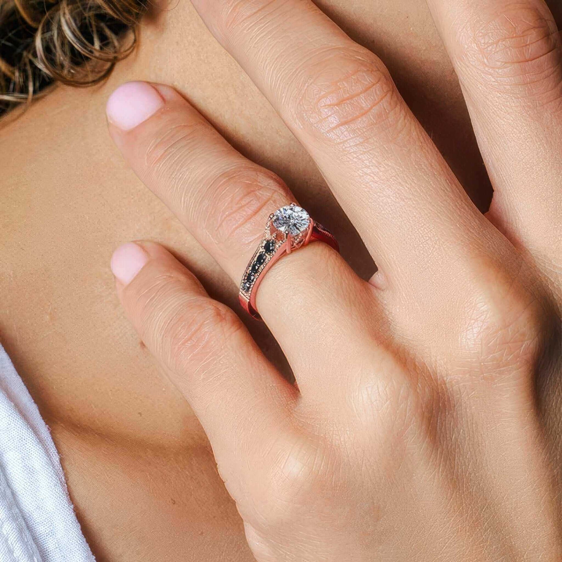 Barkev's Rose Gold Vintage Style Black Diamond Engagement Ring on Finger 