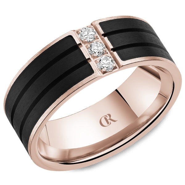 Crown Ring Rose 8MM Wide Diamond Sandpaper Finish Striped Black Enamel Wedding Band