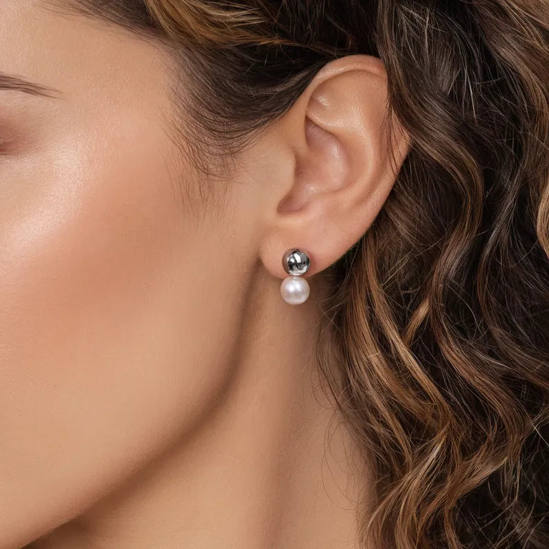 Gabriel & Co. Bujukan Pearl Two Stud Earrings in Sterling Silver When Worn