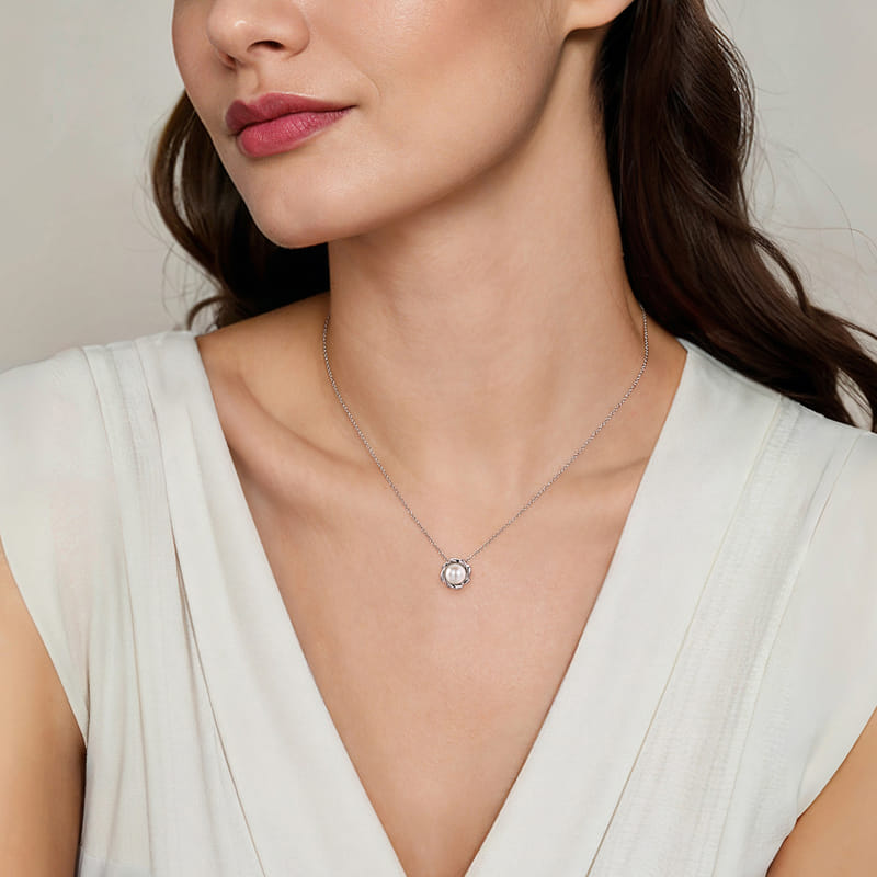 Gabriel & Co. Silver Swirling White Cultured Pearl Pendant Necklace on Model